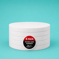 Stack of five 11" round foam cake dummy risers, 1 inch tall, with a "5 Pack" label — base-tier riser for cake display stability, free shipping