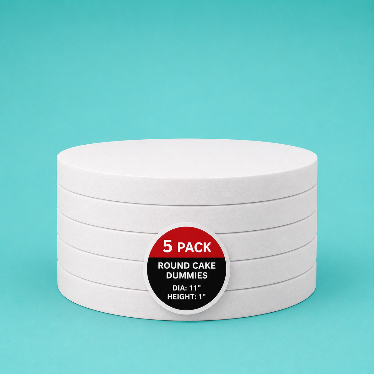 Stack of five 11" round foam cake dummy risers, 1 inch tall, with a "5 Pack" label — base-tier riser for cake display stability, free shipping