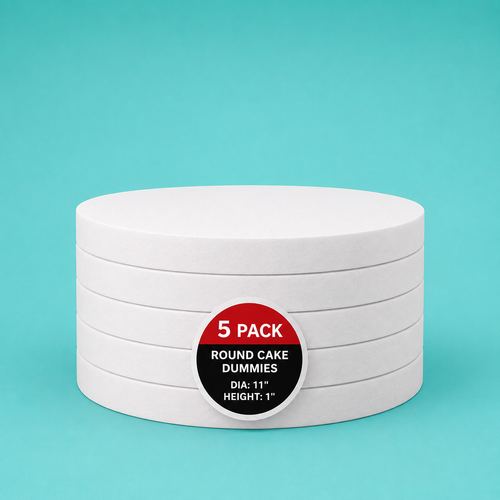Stack of five 11" round foam cake dummy risers, 1 inch tall, with a "5 Pack" label — base-tier riser for cake display stability, free shipping