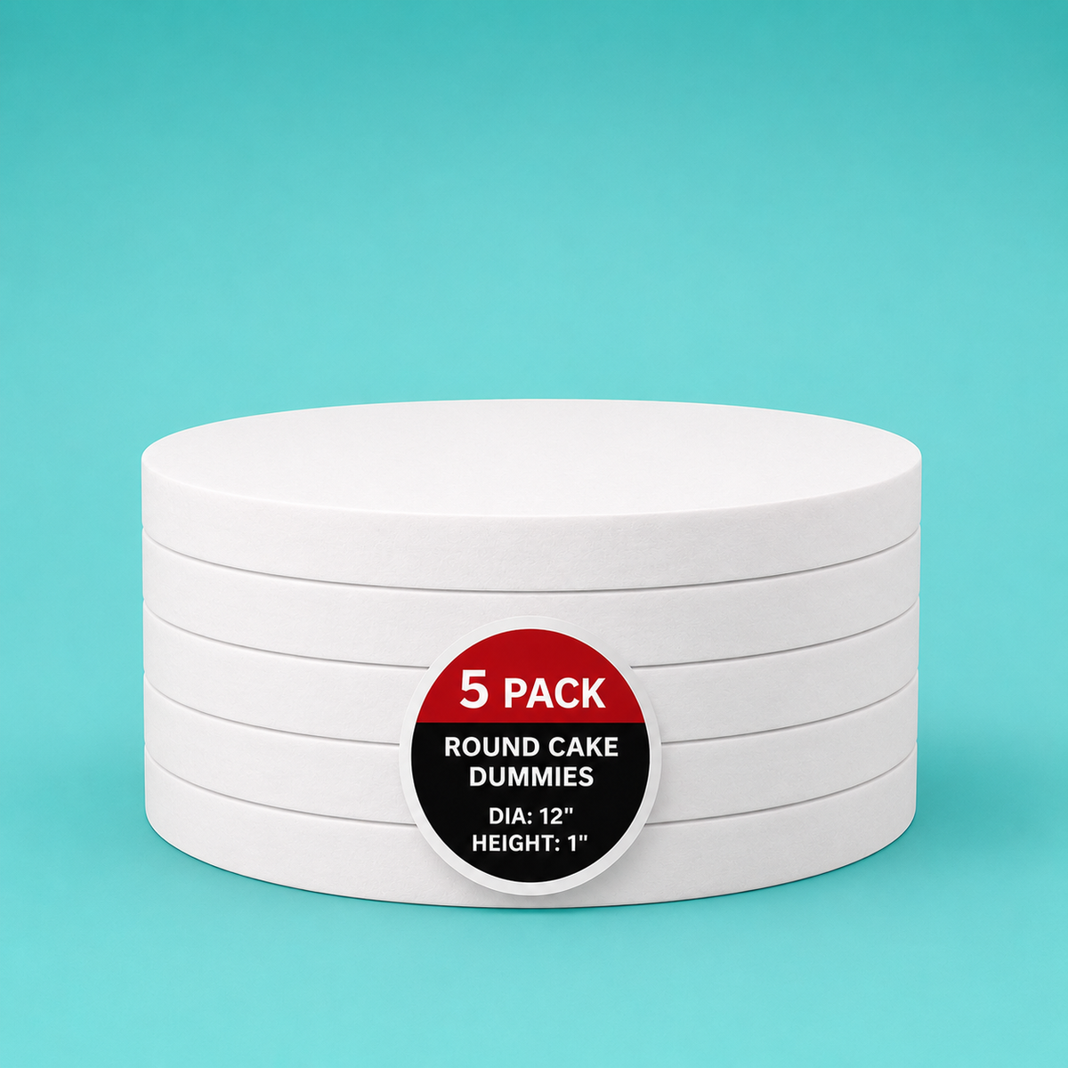 Stack of five 12" round foam cake dummy risers, 1 inch tall, with a "5 Pack" label — base-tier riser for cake display stability, free shipping