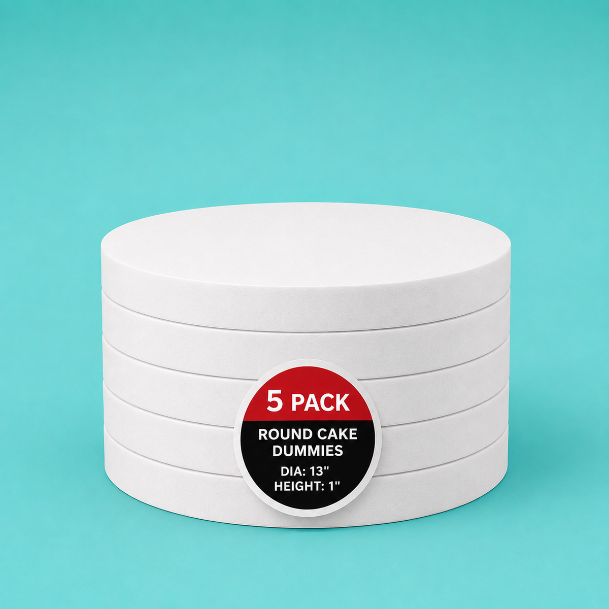 Stack of five 13" round foam cake dummy risers, 1 inch tall, with a "5 Pack" label — base-tier riser for cake display stability, free shipping
