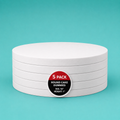 Stack of five 14" round foam cake dummy risers, 1 inch tall, with a "5 Pack" label — base-tier riser for cake display stability, free shipping