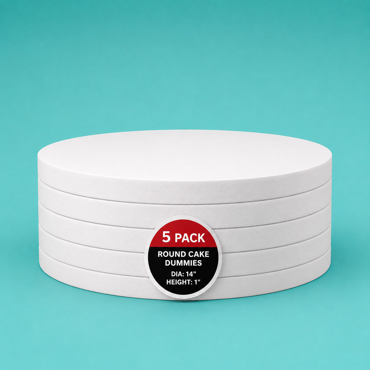 Stack of five 14" round foam cake dummy risers, 1 inch tall, with a "5 Pack" label — base-tier riser for cake display stability, free shipping