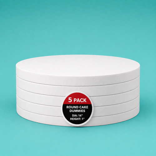 Stack of five 14" round foam cake dummy risers, 1 inch tall, with a "5 Pack" label — base-tier riser for cake display stability, free shipping