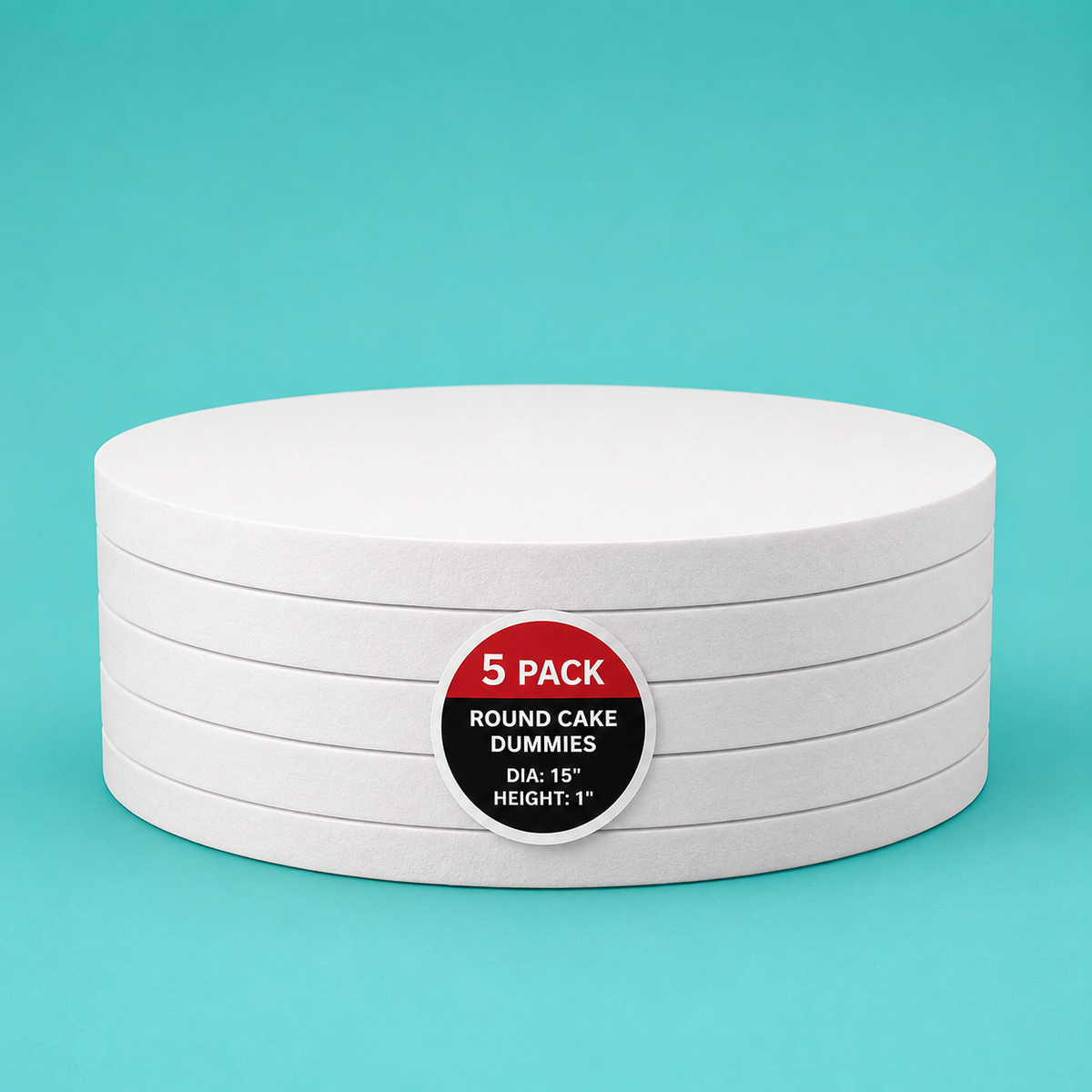 Stack of five 15" round foam cake dummy risers, 1 inch tall, with a "5 Pack" label — base-tier riser for cake display stability, free shipping