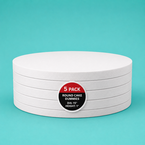 Stack of five 15" round foam cake dummy risers, 1 inch tall, with a "5 Pack" label — base-tier riser for cake display stability, free shipping