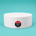 Stack of five 17" round foam cake dummy risers, 1 inch tall, with a "5 Pack" label — base-tier riser for cake display stability, free shipping