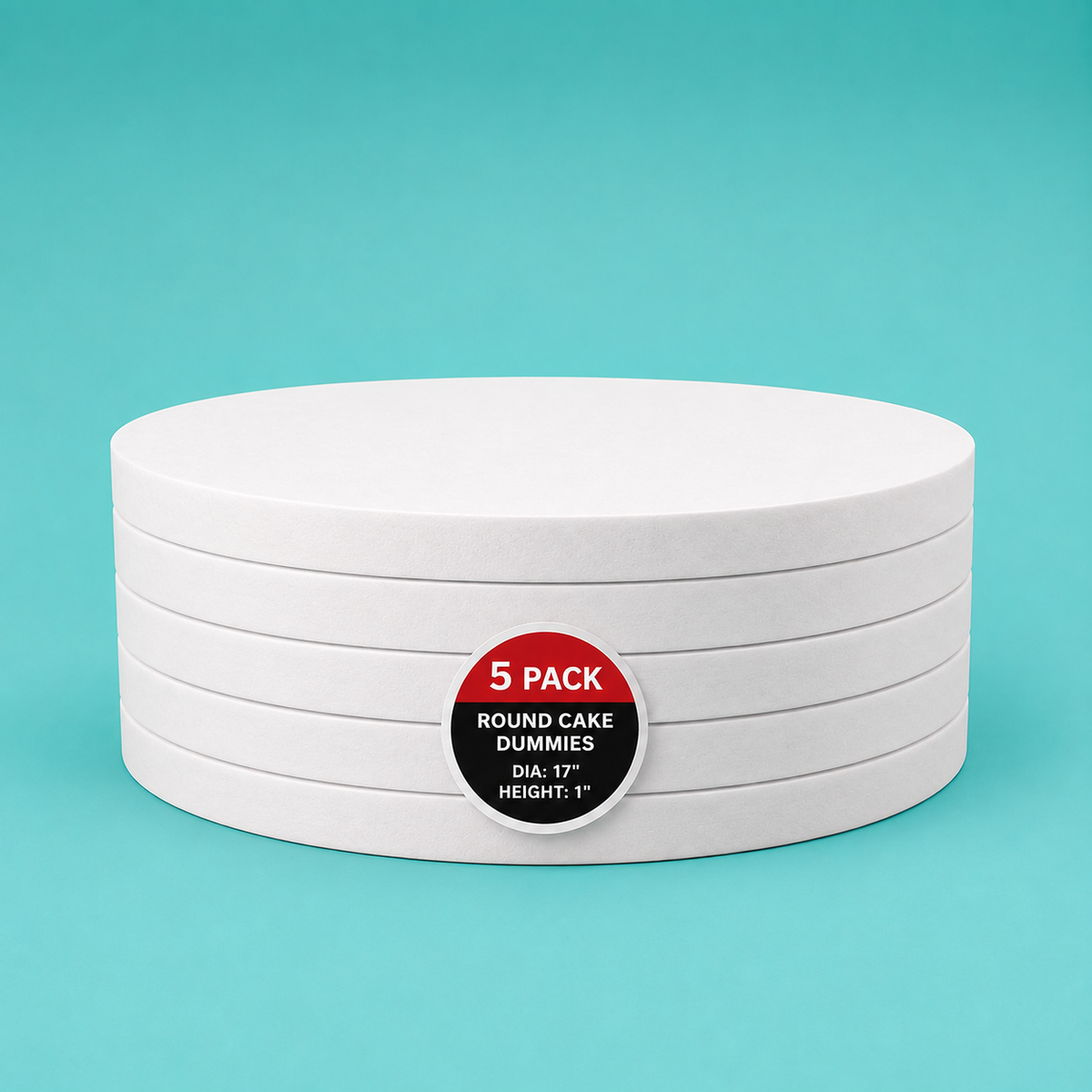 Stack of five 17" round foam cake dummy risers, 1 inch tall, with a "5 Pack" label — base-tier riser for cake display stability, free shipping