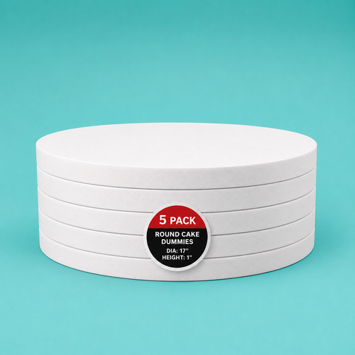 Stack of five 17" round foam cake dummy risers, 1 inch tall, with a "5 Pack" label — base-tier riser for cake display stability, free shipping