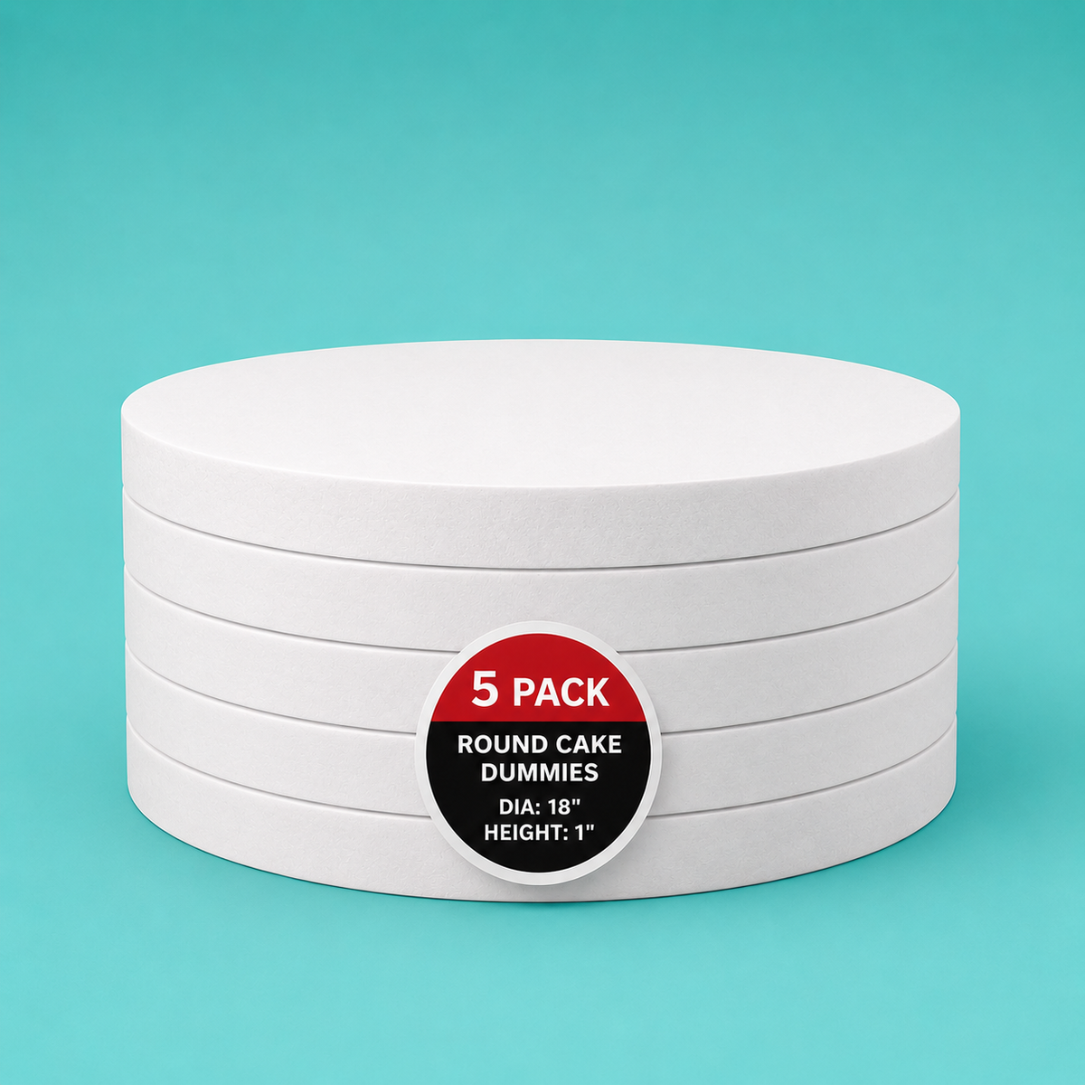 Stack of five 18" round foam cake dummy risers, 1 inch tall, with a "5 Pack" label — base-tier riser for cake display stability, free shipping