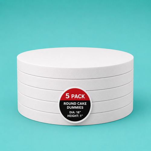 Stack of five 18" round foam cake dummy risers, 1 inch tall, with a "5 Pack" label — base-tier riser for cake display stability, free shipping