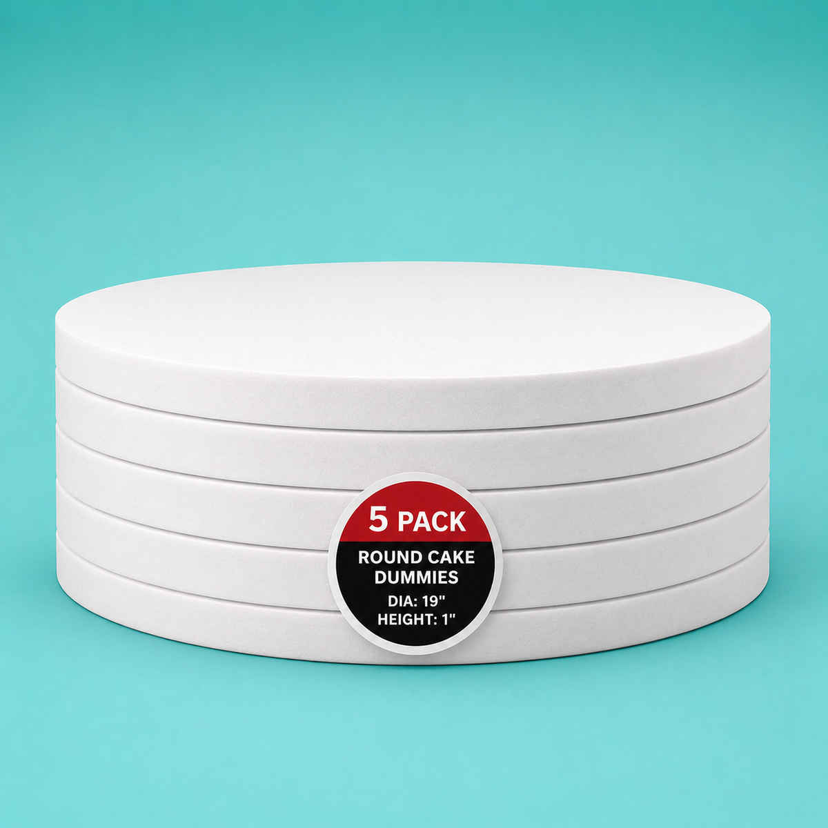 Stack of five 19" round foam cake dummy risers, 1 inch tall, with a "5 Pack" label — base-tier riser for cake display stability, free shipping