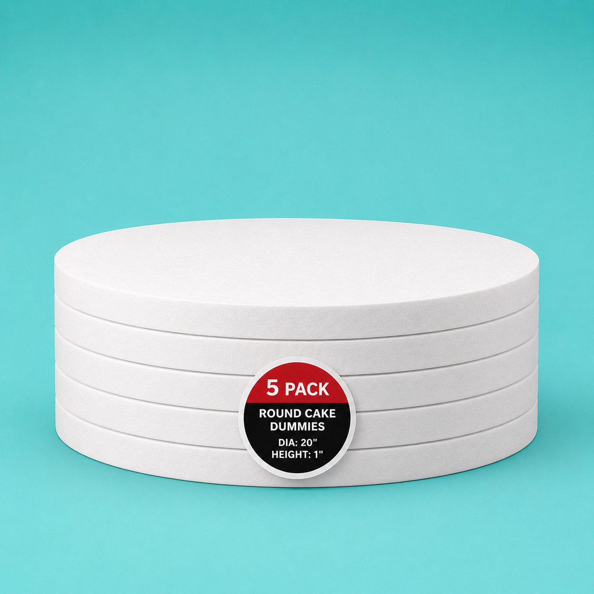 Stack of five 20" round foam cake dummy risers, 1 inch tall, with a "5 Pack" label — base-tier riser for cake display stability, free shipping