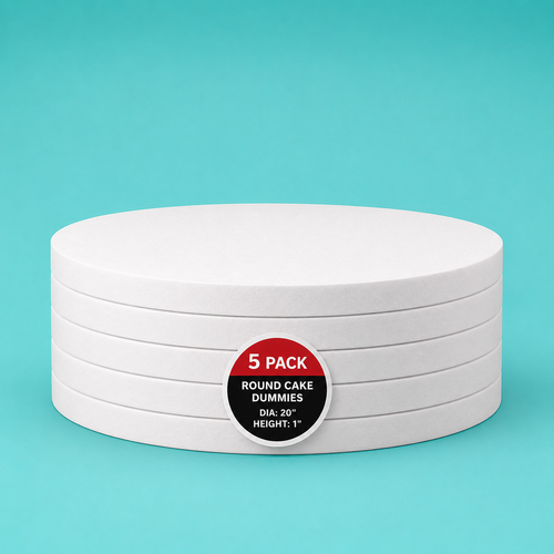 Stack of five 20" round foam cake dummy risers, 1 inch tall, with a "5 Pack" label — base-tier riser for cake display stability, free shipping