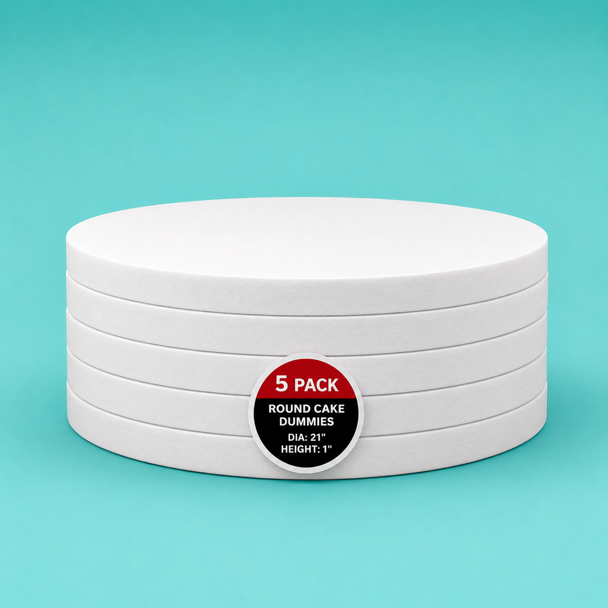 Stack of five 21" round foam cake dummy risers, 1 inch tall, with a "5 Pack" label — base-tier riser for cake display stability, free shipping
