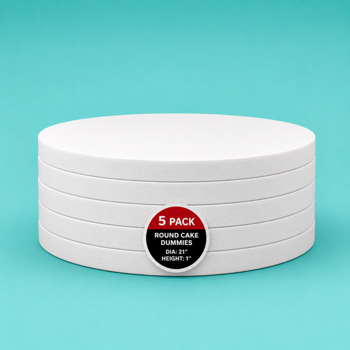 Stack of five 21" round foam cake dummy risers, 1 inch tall, with a "5 Pack" label — base-tier riser for cake display stability, free shipping