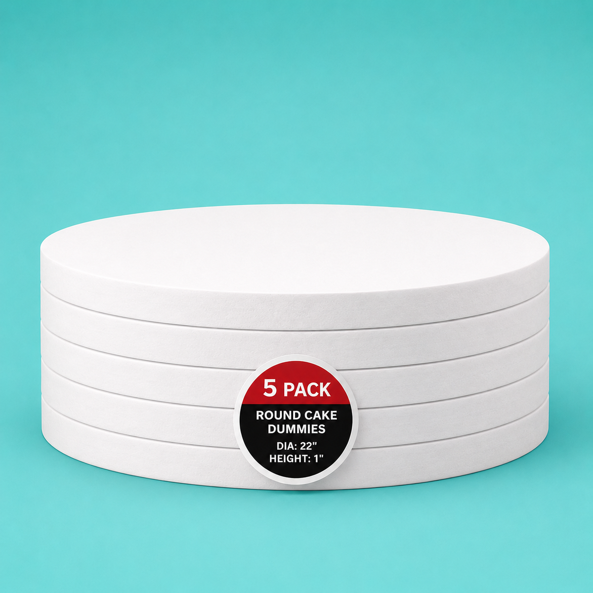 Stack of five 22" round foam cake dummy risers, 1 inch tall, with a "5 Pack" label — base-tier riser for cake display stability, free shipping