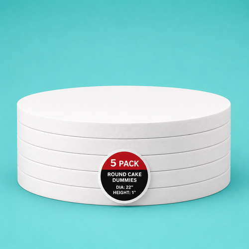 Stack of five 22" round foam cake dummy risers, 1 inch tall, with a "5 Pack" label — base-tier riser for cake display stability, free shipping