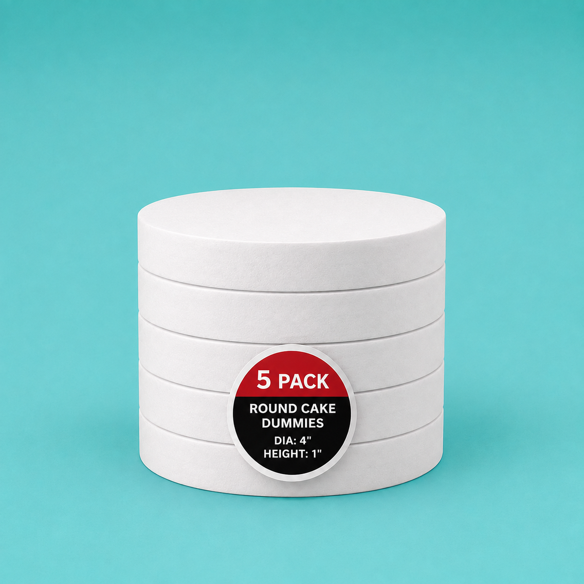 Stack of five 4" round foam cake dummy risers, 1 inch tall, with a "5 Pack" label — base-tier riser for cake display stability, free shipping