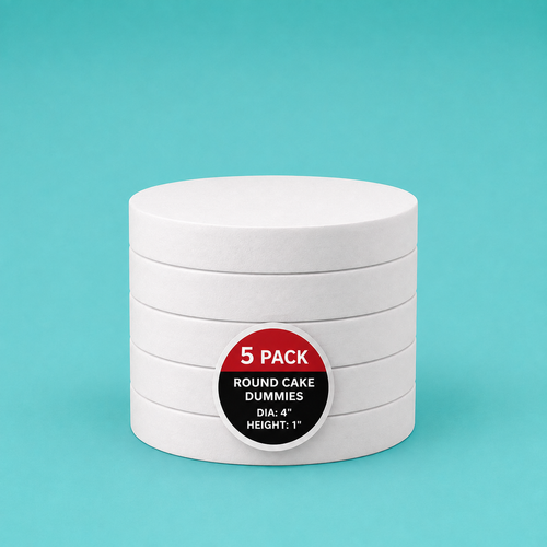 Stack of five 4" round foam cake dummy risers, 1 inch tall, with a "5 Pack" label — base-tier riser for cake display stability, free shipping