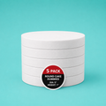 Stack of five 5" round foam cake dummy risers, 1 inch tall, with a "5 Pack" label — base-tier riser for cake display stability, free shipping