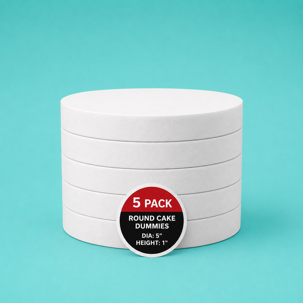 Stack of five 5" round foam cake dummy risers, 1 inch tall, with a "5 Pack" label — base-tier riser for cake display stability, free shipping