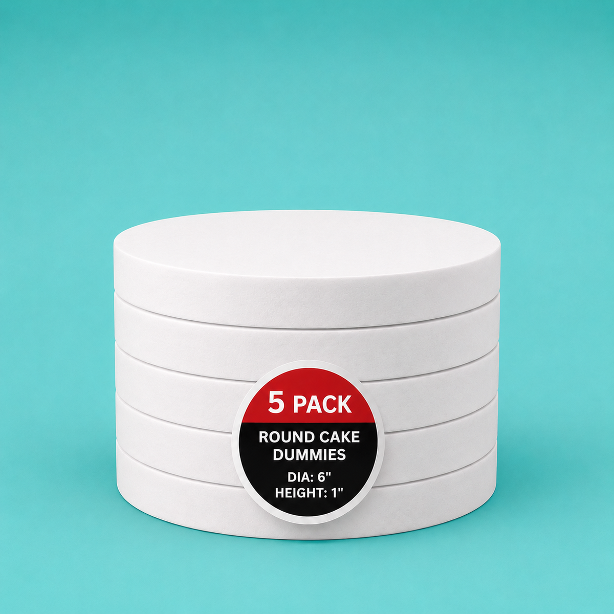 Stack of five 6" round foam cake dummy risers, 1 inch tall, with a "5 Pack" label — base-tier riser for cake display stability, free shipping