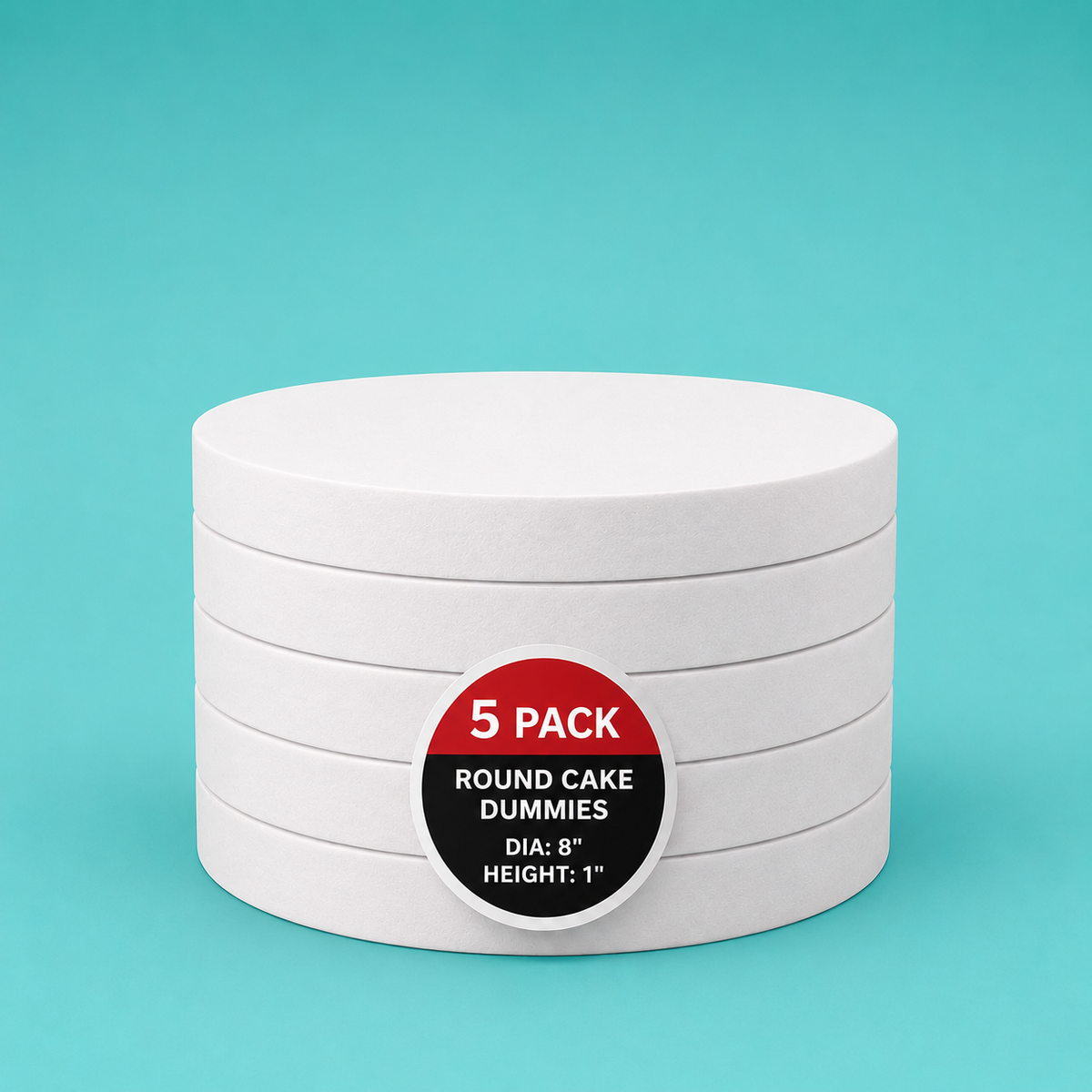 Stack of five 8" round foam cake dummy risers, 1 inch tall, with a "5 Pack" label — base-tier riser for cake display stability, free shipping