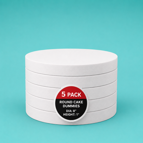 Stack of five 8" round foam cake dummy risers, 1 inch tall, with a "5 Pack" label — base-tier riser for cake display stability, free shipping