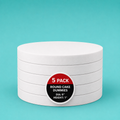 Stack of five 9" round foam cake dummy risers, 1 inch tall, with a "5 Pack" label — base-tier riser for cake display stability, free shipping