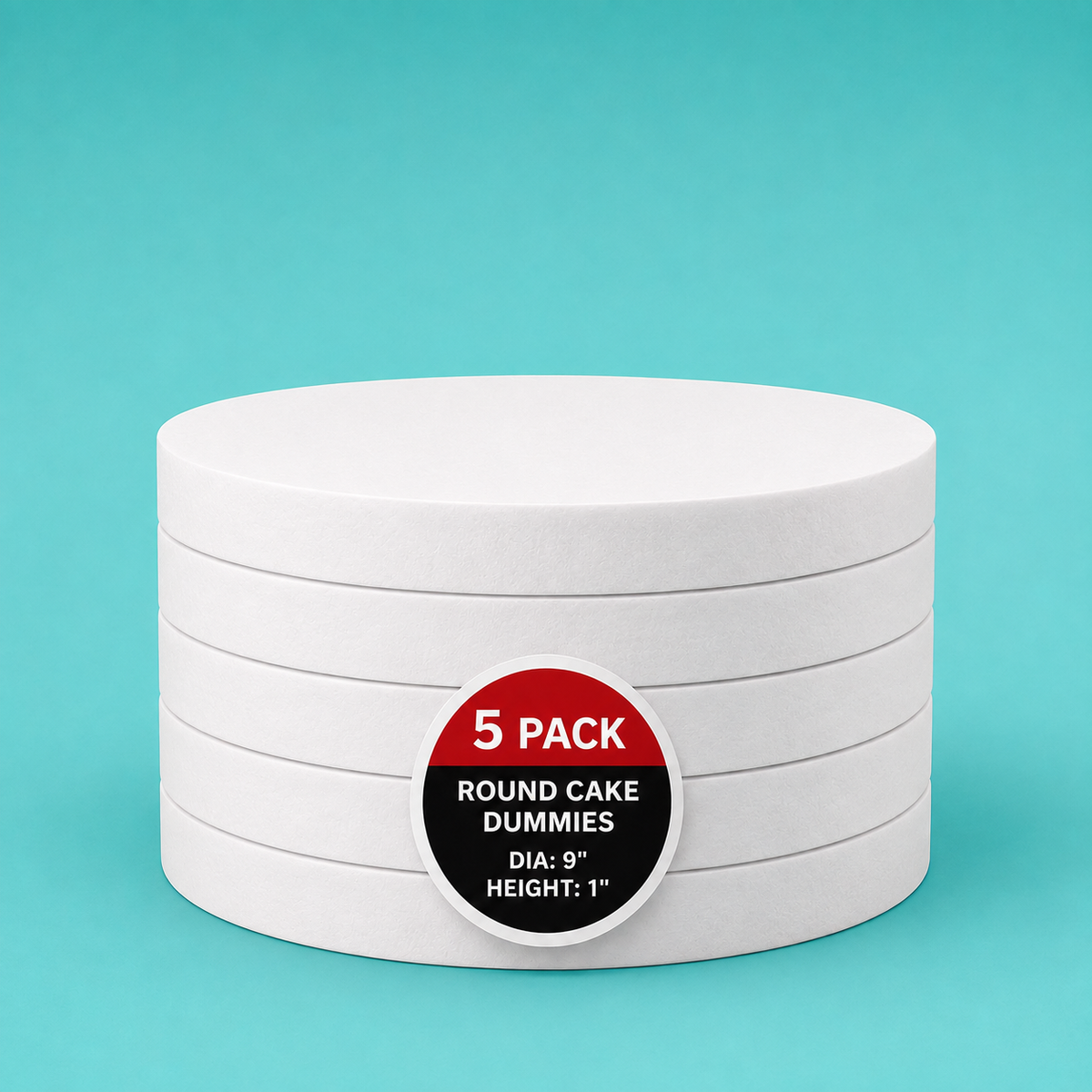 Stack of five 9" round foam cake dummy risers, 1 inch tall, with a "5 Pack" label — base-tier riser for cake display stability, free shipping