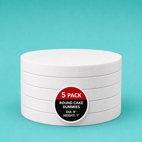 Stack of five 9" round foam cake dummy risers, 1 inch tall, with a "5 Pack" label — base-tier riser for cake display stability, free shipping