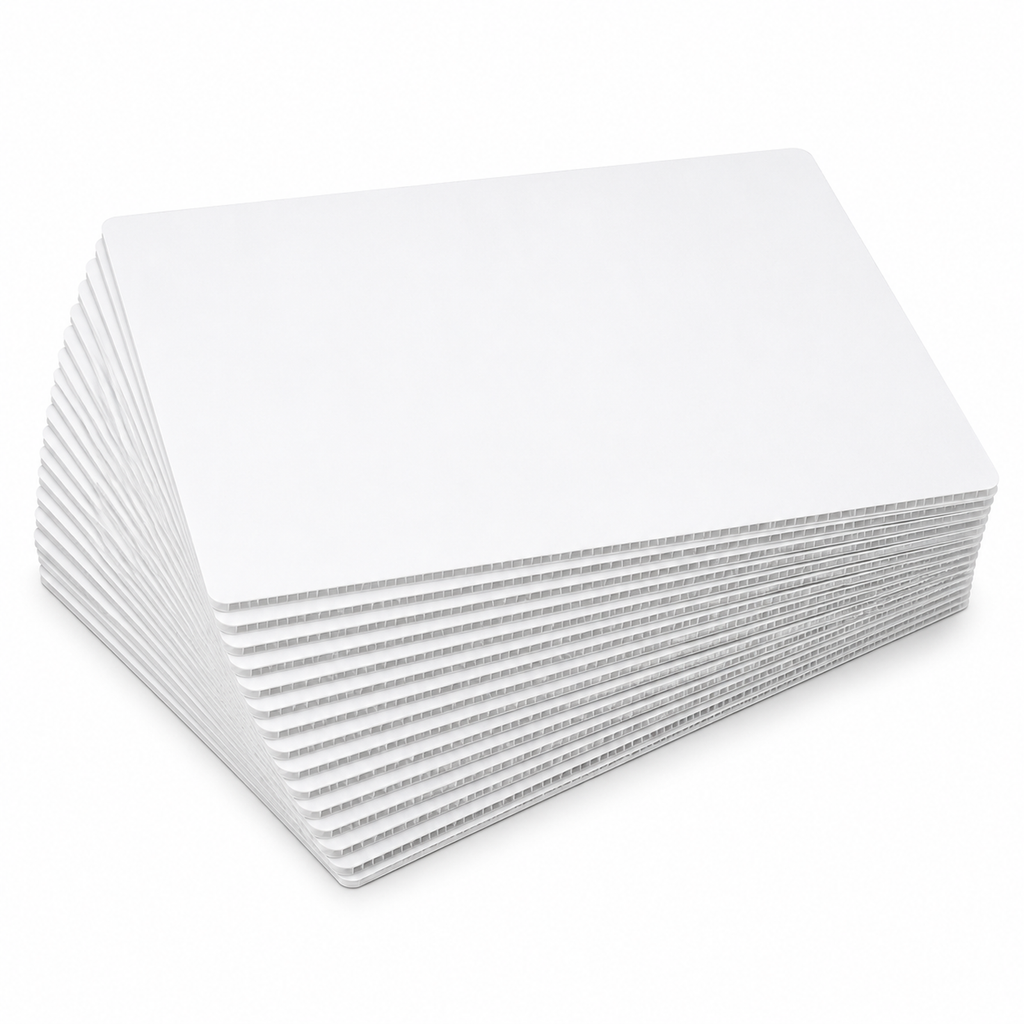 Pack of 25 white rectangle coroplast sheet cake boards fanned out, showing the 4mm corrugated plastic edge