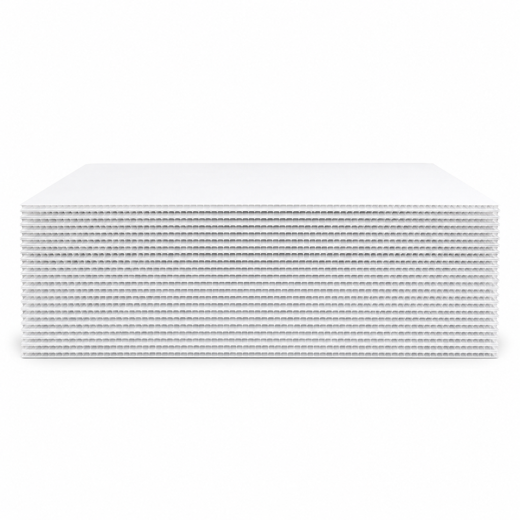 Stack of 25 white rectangle coroplast sheet cake boards seen from the side, showing the full thickness of the pack