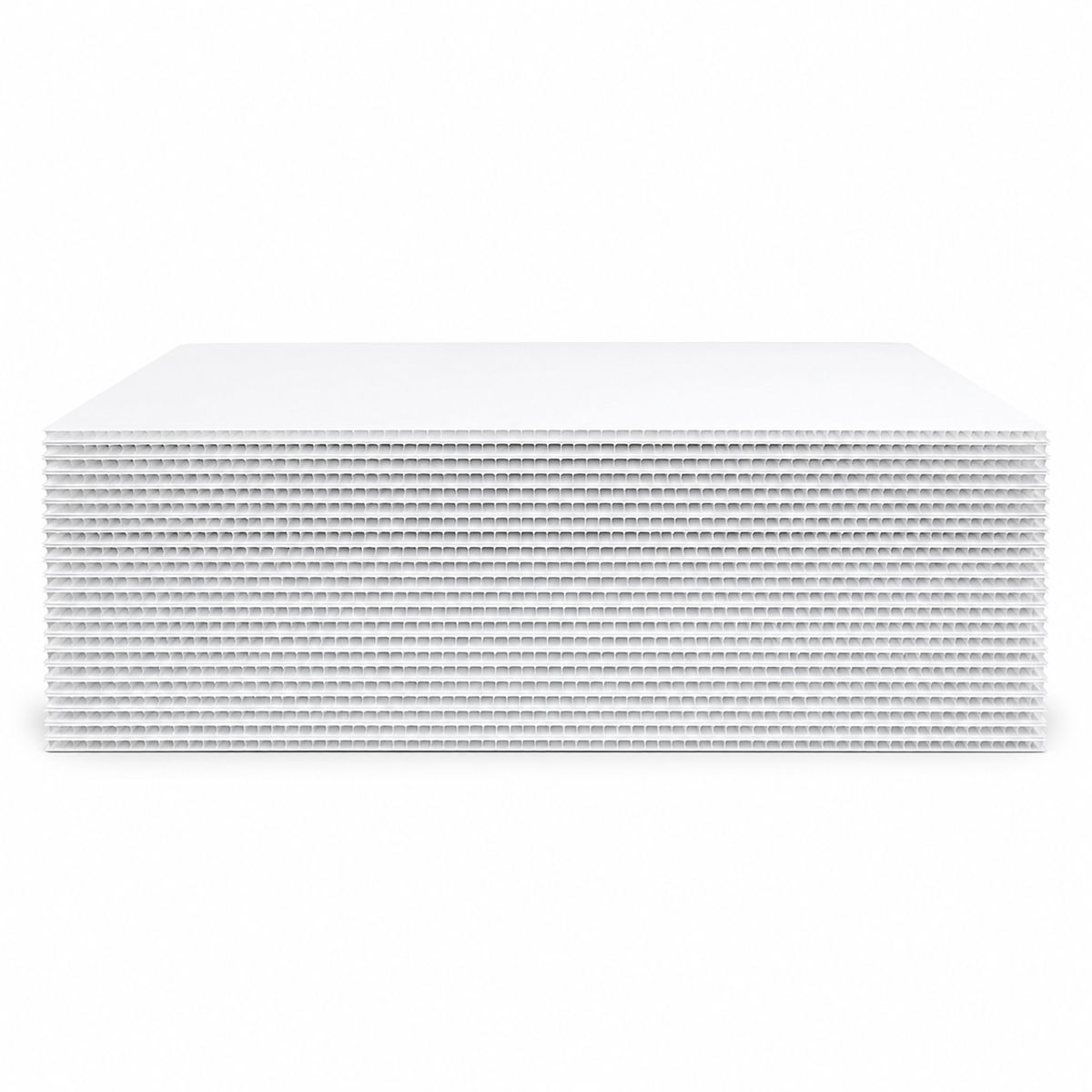 Stack of 25 white rectangle coroplast sheet cake boards seen from the side, showing the full thickness of the pack