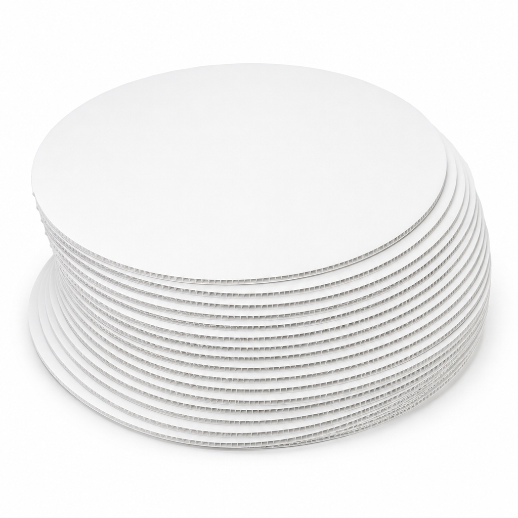 Pack of 25 white round coroplast cake boards fanned out, showing the 4mm corrugated plastic edge