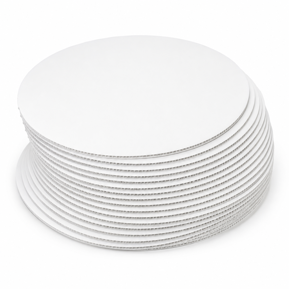 Pack of 25 white round coroplast cake boards fanned out, showing the 4mm corrugated plastic edge