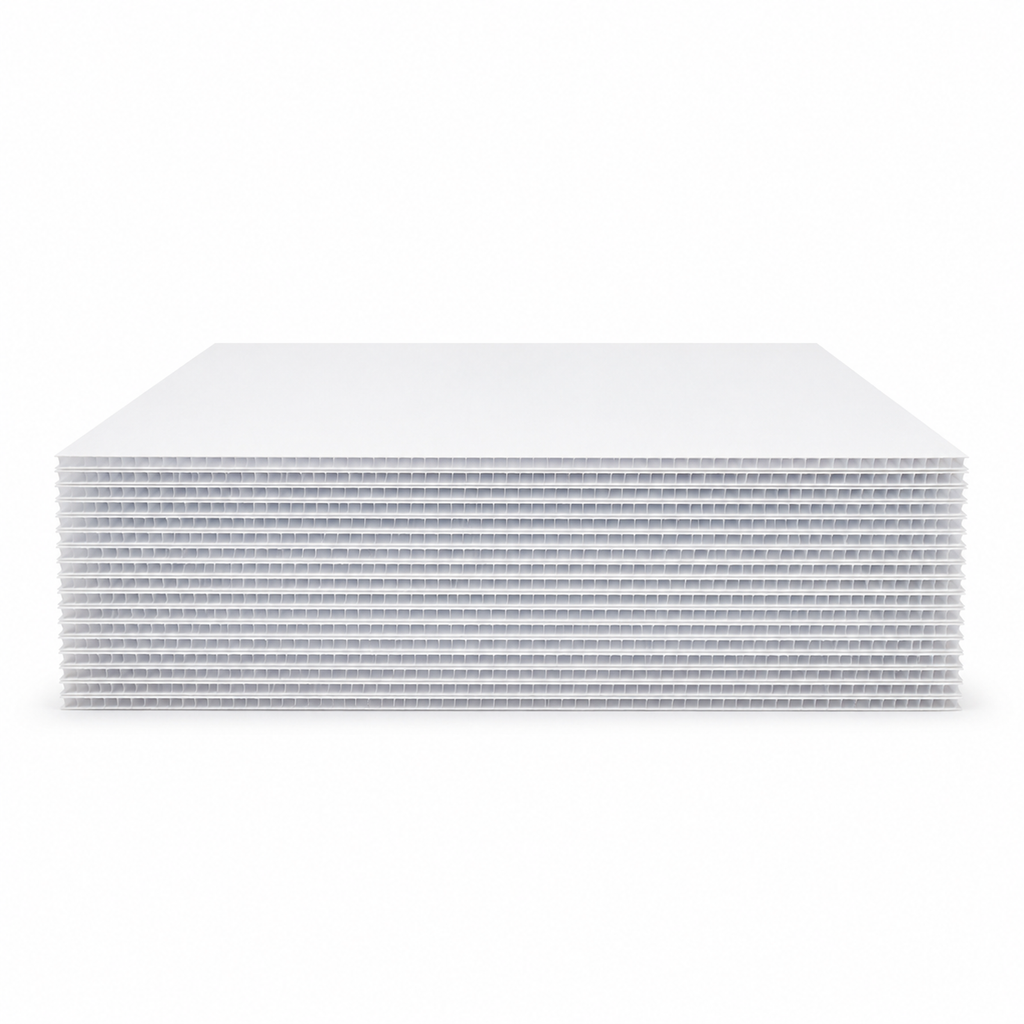 Stack of 25 white square coroplast cake boards seen from the side, showing the full thickness of the pack