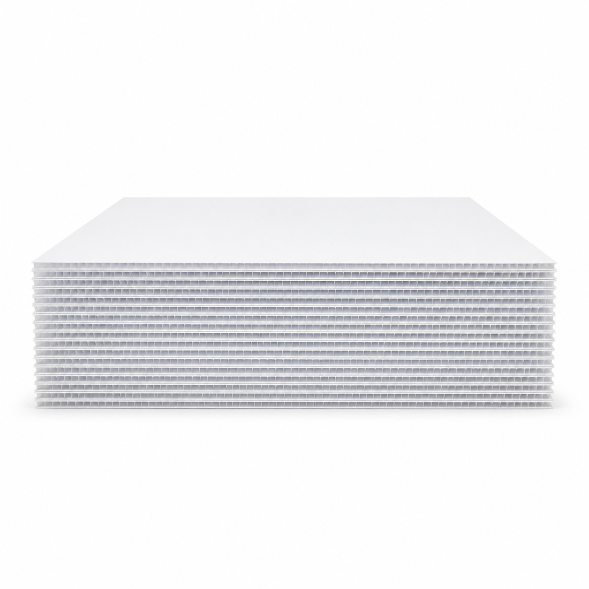 Stack of 25 white square coroplast cake boards seen from the side, showing the full thickness of the pack