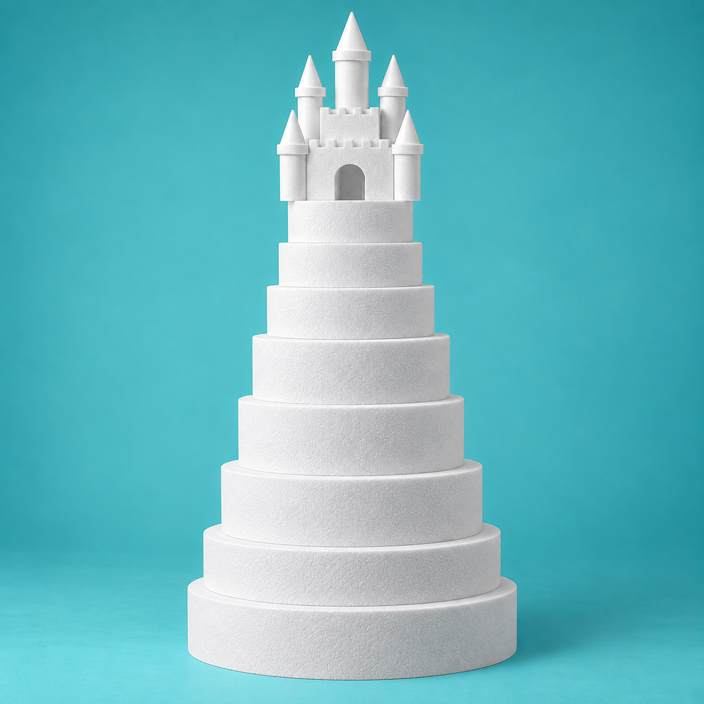 Fairytale castle-topper 8-tier wedding cake dummy tower styling inspiration — rose-gold and blush-lilac floral cascade design, 64 inch tall foam dummy shown decorated for reference only