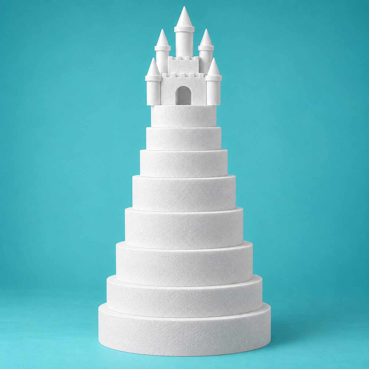 Fairytale castle-topper 8-tier wedding cake dummy tower styling inspiration — rose-gold and blush-lilac floral cascade design, 64 inch tall foam dummy shown decorated for reference only
