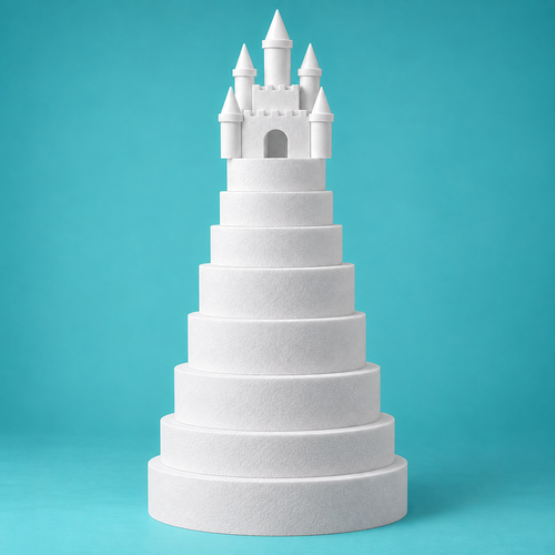 Fairytale castle-topper 8-tier wedding cake dummy tower styling inspiration — rose-gold and blush-lilac floral cascade design, 64 inch tall foam dummy shown decorated for reference only