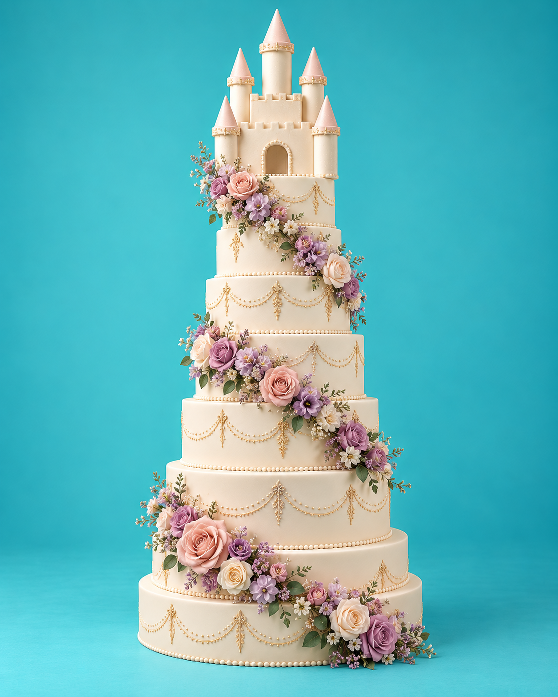 8-tier castle-topper cake dummy tower with 4-turret castle top, alternate styling inspiration angle, foam dummy shown decorated for reference only