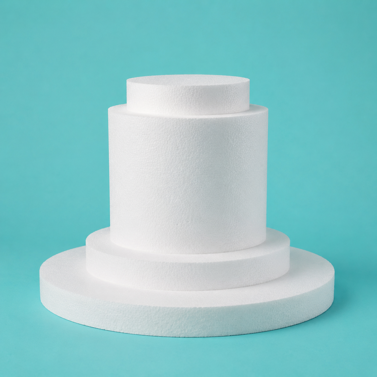 Foam cake centerpiece riser set, 4 tiers, 10 inch, 7 inch, 5 inch and 4 inch diameter, 9 inches tall white foam
