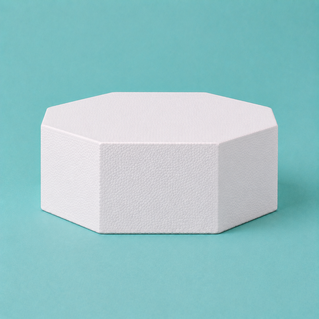 Octagon foam cake dummy 10 inch seen from the front, showing the perpendicular side wall and crisp top rim
