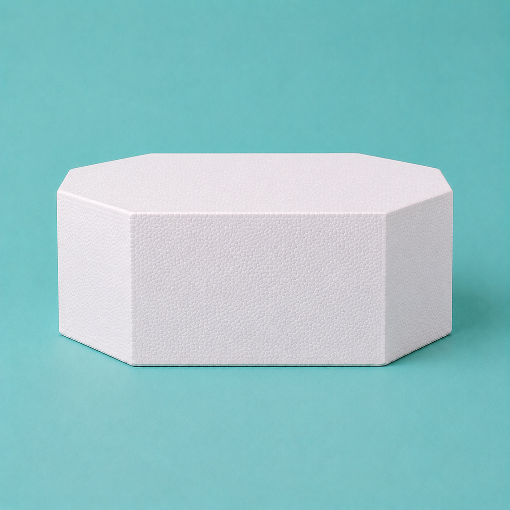 Octagon foam cake dummy 11 inch seen from the front, showing the perpendicular side wall and crisp top rim
