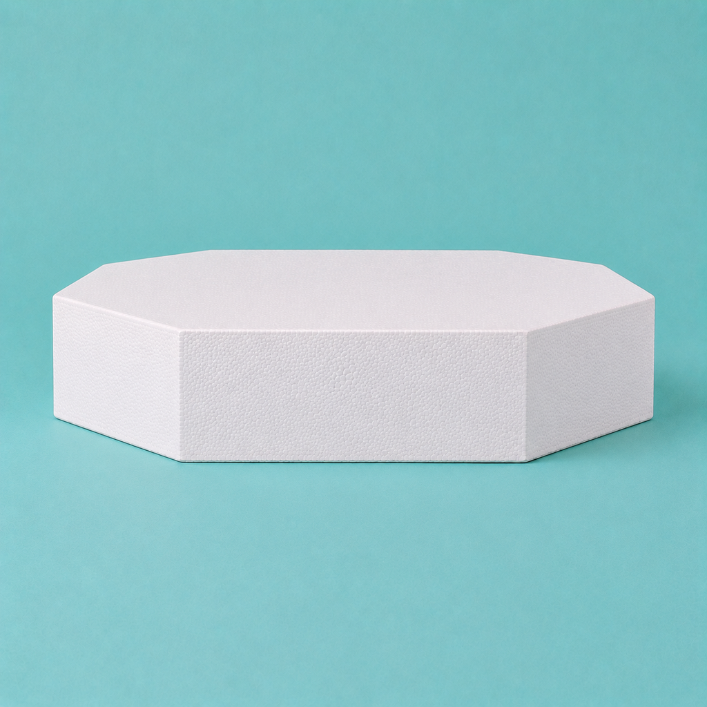Octagon foam cake dummy 14 inch seen from the front, showing the perpendicular side wall and crisp top rim