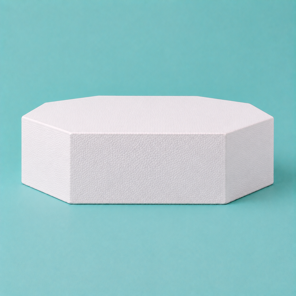 Octagon foam cake dummy 15 inch seen from the front, showing the perpendicular side wall and crisp top rim