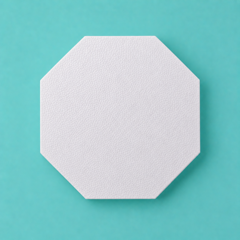 Octagon foam cake dummy 16 inch point to point base tier, seen from above showing eight equal faces, smooth white finish