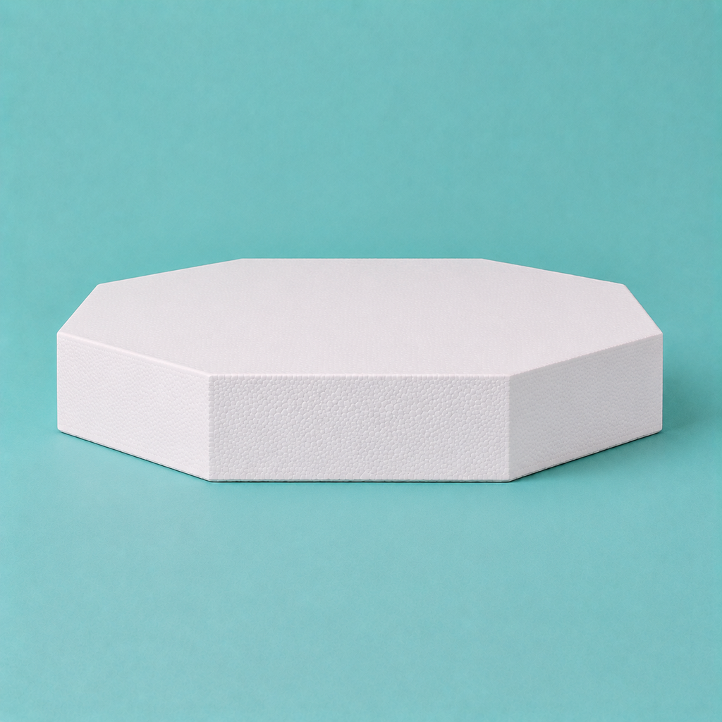 Octagon foam cake dummy 18 inch seen from the front, showing the perpendicular side wall and crisp top rim